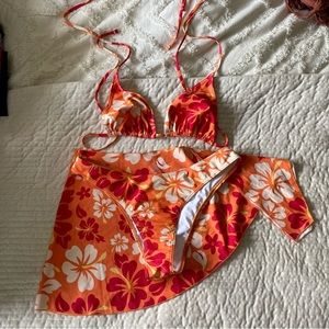 3 piece Hawaiian print orange floral bikini